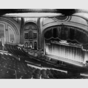 Black and white photo of Orpheum Theatre stage from balcony
