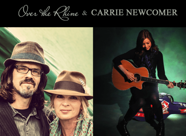 Two people in hats with Carrie Newcomer playing acoustic guitar
