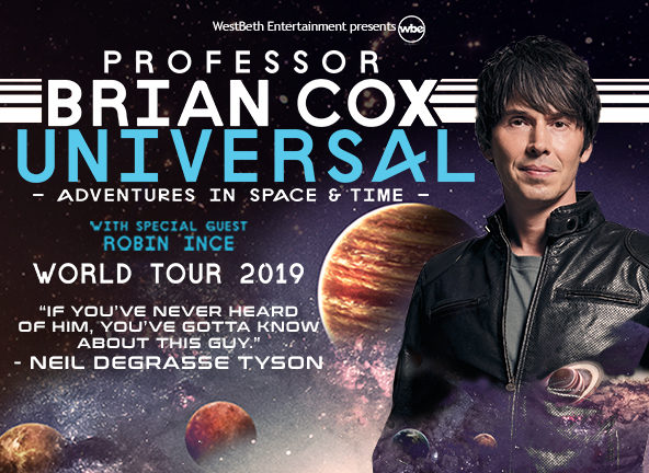 Brian Cox in leather jacket among celestial bodies