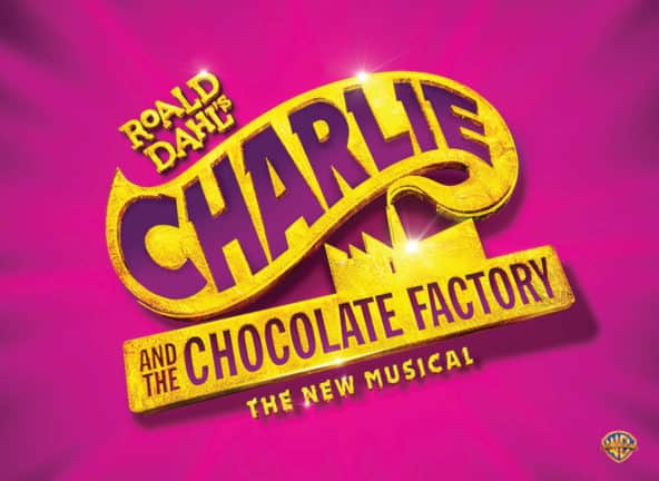 Roald Dahl's Charlie and the Chocolate Factory in gold lettering on pink/purple background