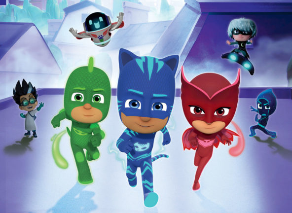 Three masked characters running from villians
