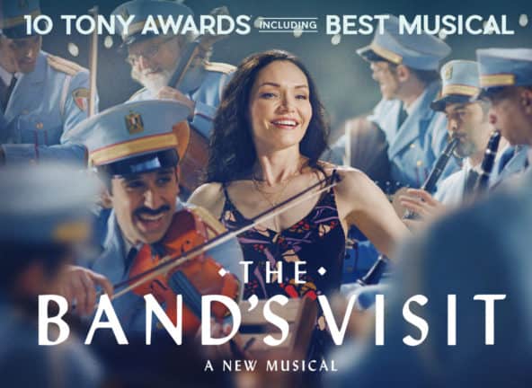 The Band's Visit, 10 Tony Awards including Best Musical; A woman smiling among officer musicians