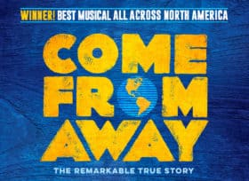 Winner Best Musical across North America. Come from Away stamp-style letters with globe for O.
