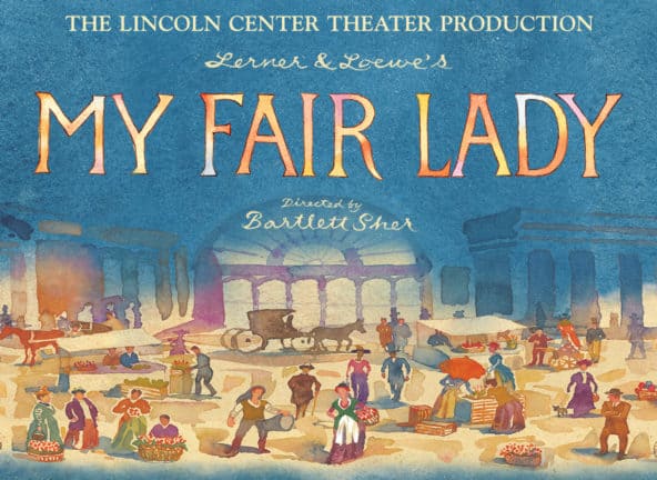 Lerner & Loewe's My Fair Lady; Victorian marketplace street scene watercolor