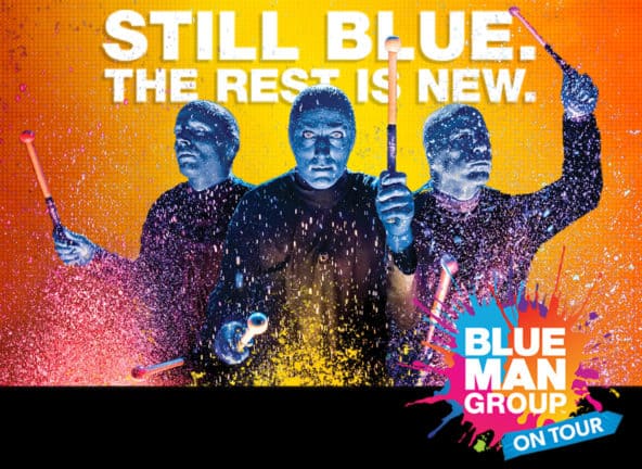 Blue Man Group splashes paint when hitting drums