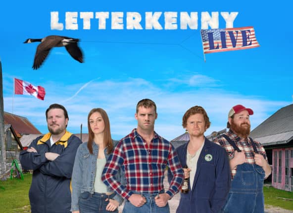 Letter Kenny cast in front of houses with LetterKenny logo on top