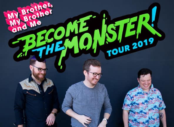 Justin, Travis and Griffin McElroy laughing with Become The Monster logo