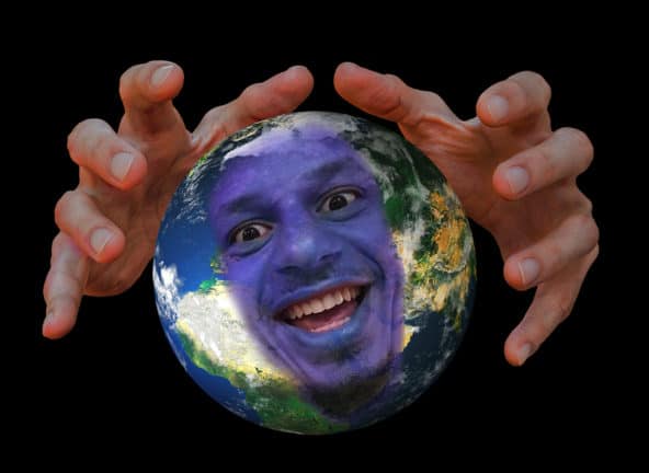Eric Andre face in a globe with hands around it