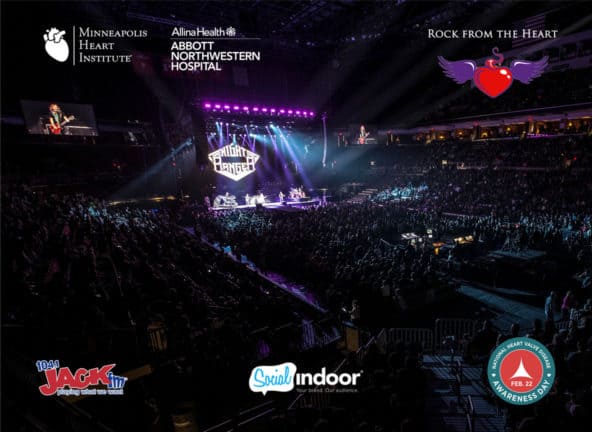 Night Ranger dark concert scene with Rock from the Heart event sponsor logos in corners