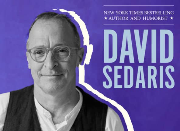 David Sedaris black and white image on a purple background