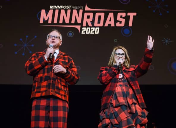 MinnRoast 2020 two emcees in red and black flannel outfits