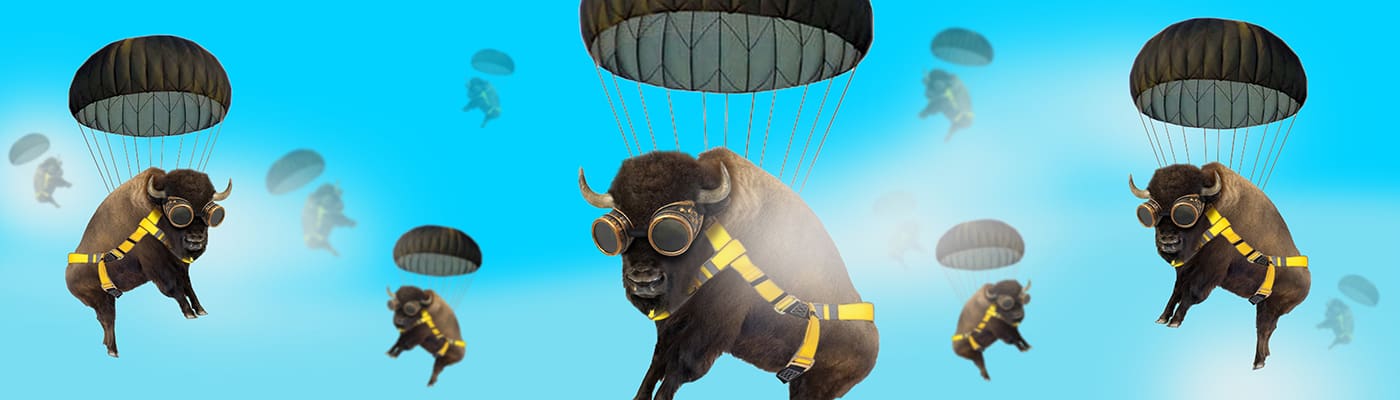 Jonathan Thunder artwork with buffalo dropping from the sky with parachutes