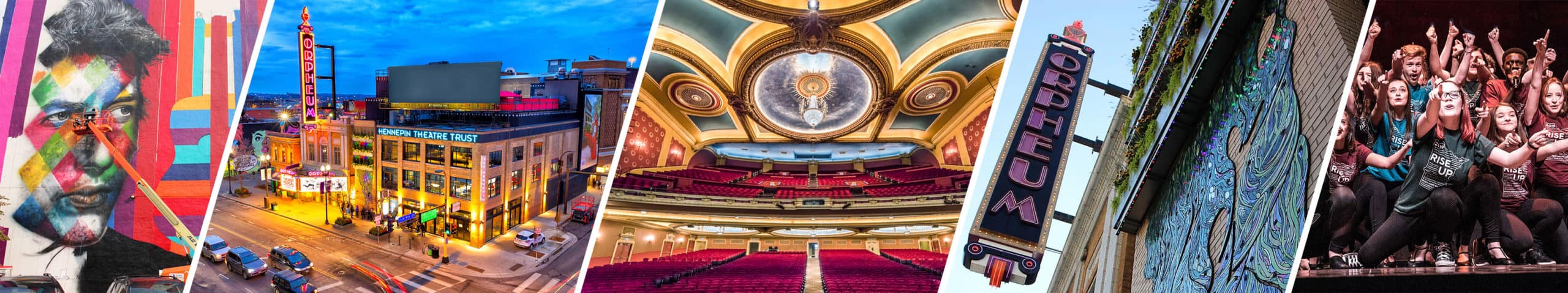 a photo collage of hennepin theatre trust's event spaces and youth singing on stage