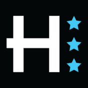 A white h with a black background and three blue stars vertically stacked