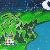 A vibrant drawing of a mountainous scene at night with a tepee