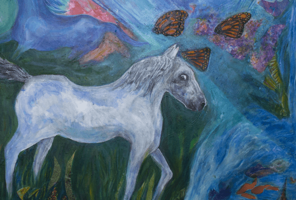 A painting of a white horse standing in the long green grass with orange monarch butterflies flying above it's head