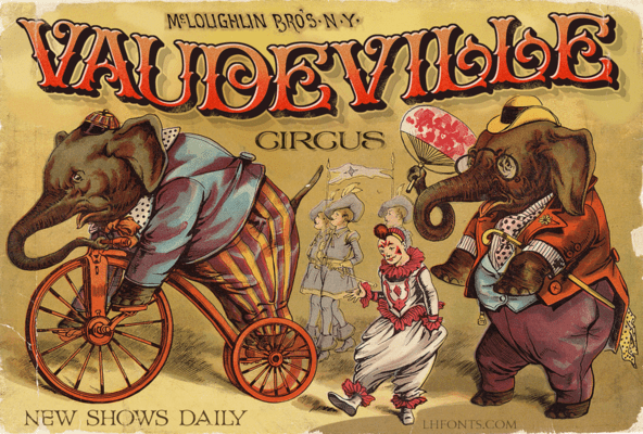 A character drawing done in the vaudeville style with an elephant dressed in circus clothes riding a bicycle, a clown in white, and another elephant dressed in a suit coat carrying flowers in it's trunk