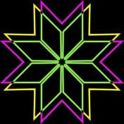 A green, yellow and pink eight pointed star on a black background. 