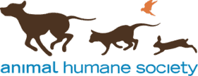 Animal Humane Society Logo: a Brown dog, cat, rabbit are running and an orange bird is flying