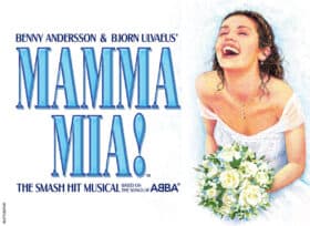 Mamma Mia! logo with bride illustration holding a boquet and smiling with her mouth open.