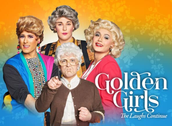 cast of golden girls the laughs continue over a flowery yellow and blue wallpaper background