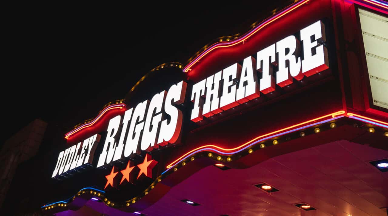 dudley riggs theatre marquee at night
