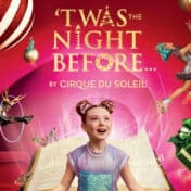 'Twas the Night Before show logo with image of young girl looking up in wonderment surrounded by presents, ornaments and dancers