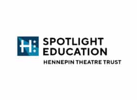 Spotlight Education. Hennepin Theatre Trust. With H and three stars logo and color light cone from top left of background in H.