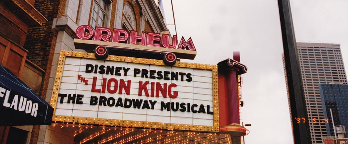 Disney Presents The Lion King on the marquee of the Orpheum Theatre in Minneapolis