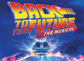 Back to the Future the Musical artwork with a DeLorean surrounded by lightning