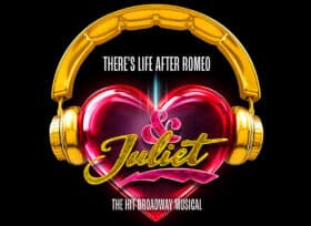 & Juliet artwork - a pink heart wearing gold headphones