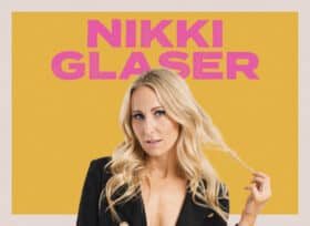 A portrait of Nikki Glaser on a yellow background