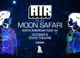 air play moon safari show title over a night sky background and illustrations of the band members on the left and right.