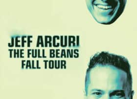 image of jeff arcuri's face in overlayed with a yellow-green hue. the bottom half of his face appears at the top of the image and the top half of his face appears at the bottom of the image along with the text Jeff Arcuri The Full Beans Fall tour