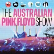 Australian pink floyd how logo against a background of collaged images depicting pink floyd's album covers